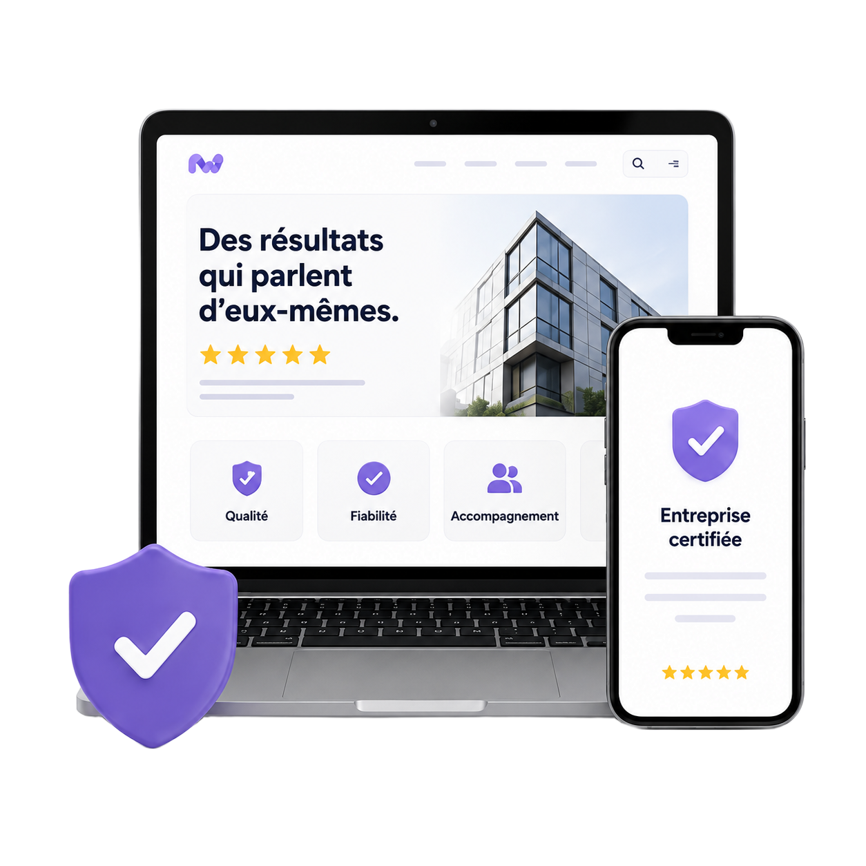Mockup web rassurant avec avis et preuves de confiance